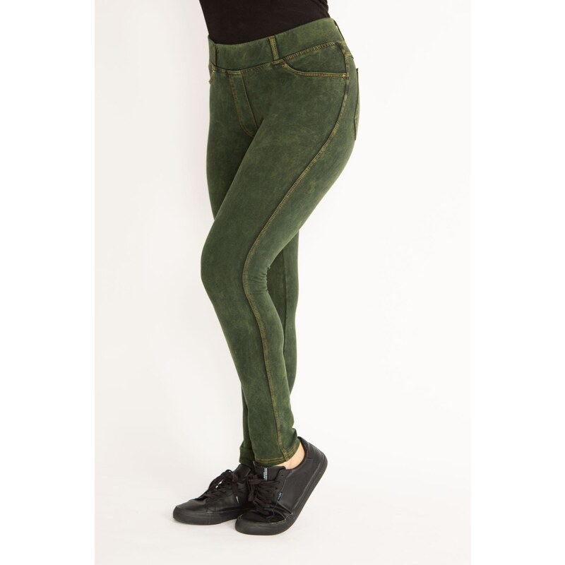 Şans Women's Plus Size Green Washed Effect Leggings With Front Pockets and Ornamental Pants
