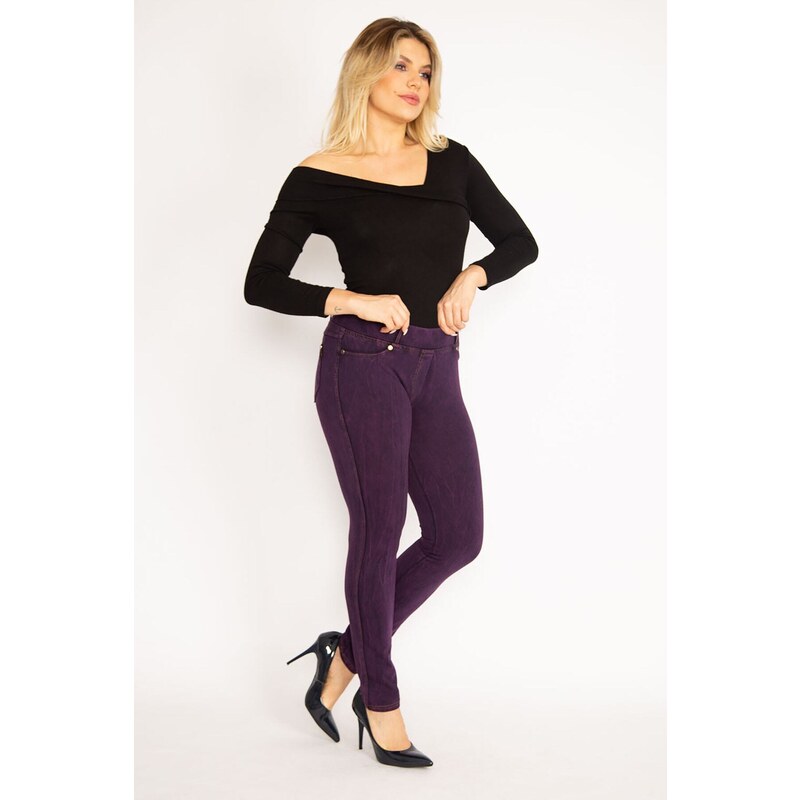 Şans Women's Plus Size Plum Leggings With Ornamental Front Pockets And Back Pockets