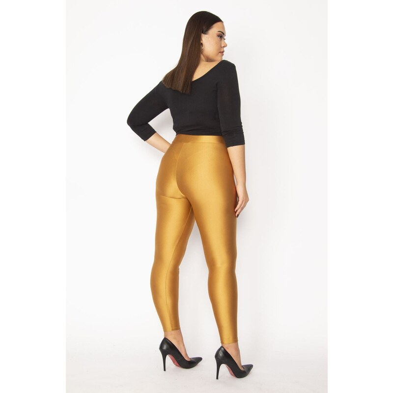 Şans Women's Plus Size Gold High Waist Spandex Concentrator Shiny Disco Leggings