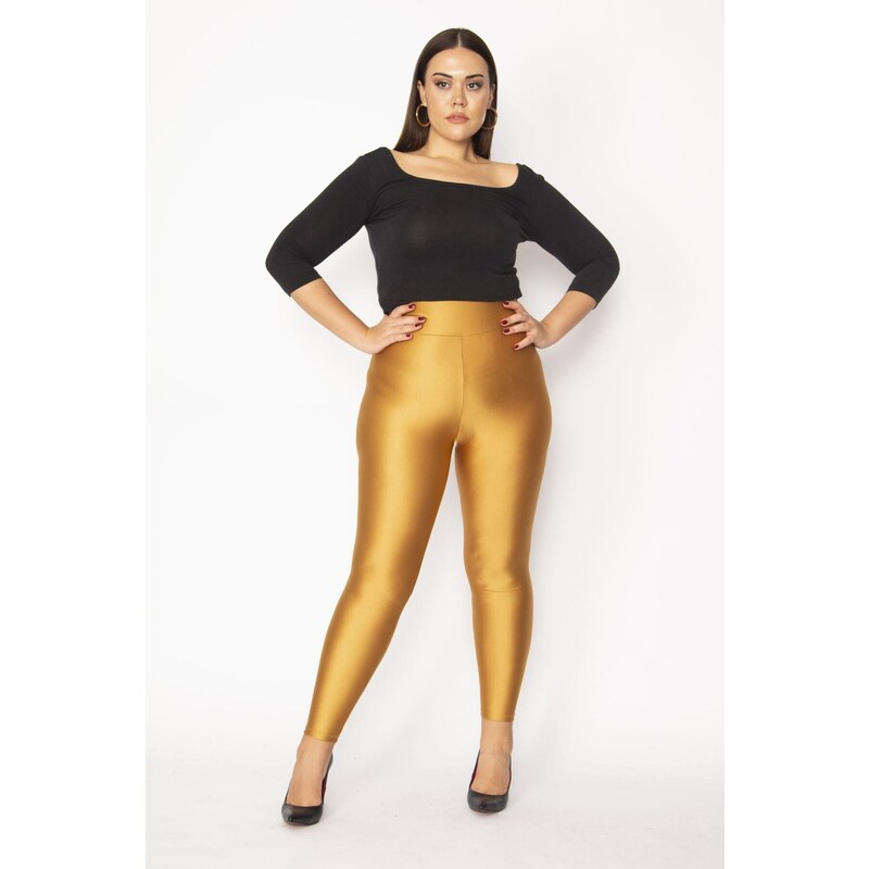 Şans Women's Plus Size Gold High Waist Spandex Concentrator Shiny Disco Leggings