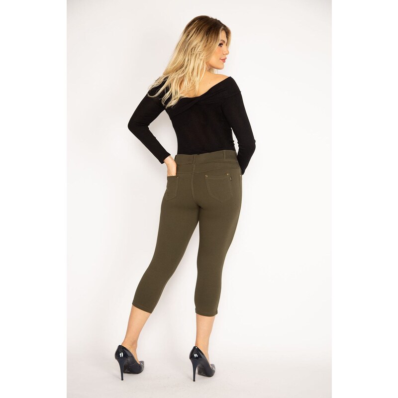 Şans Women's Plus Size Khaki Leggings With Front Ornamental Pockets And Back Pockets Capri