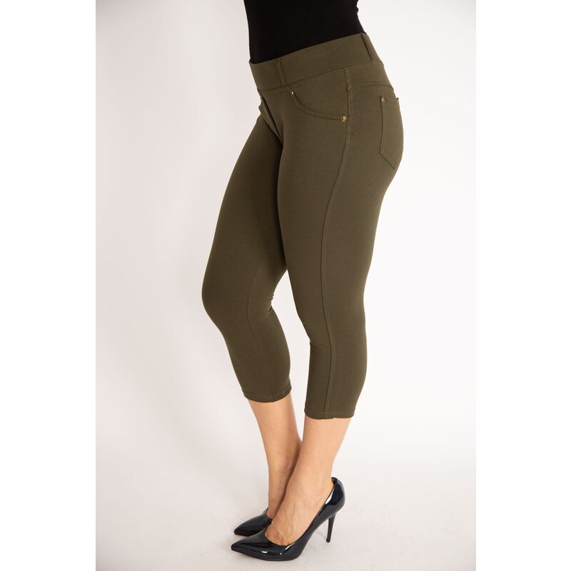 Şans Women's Plus Size Khaki Leggings With Front Ornamental Pockets And Back Pockets Capri