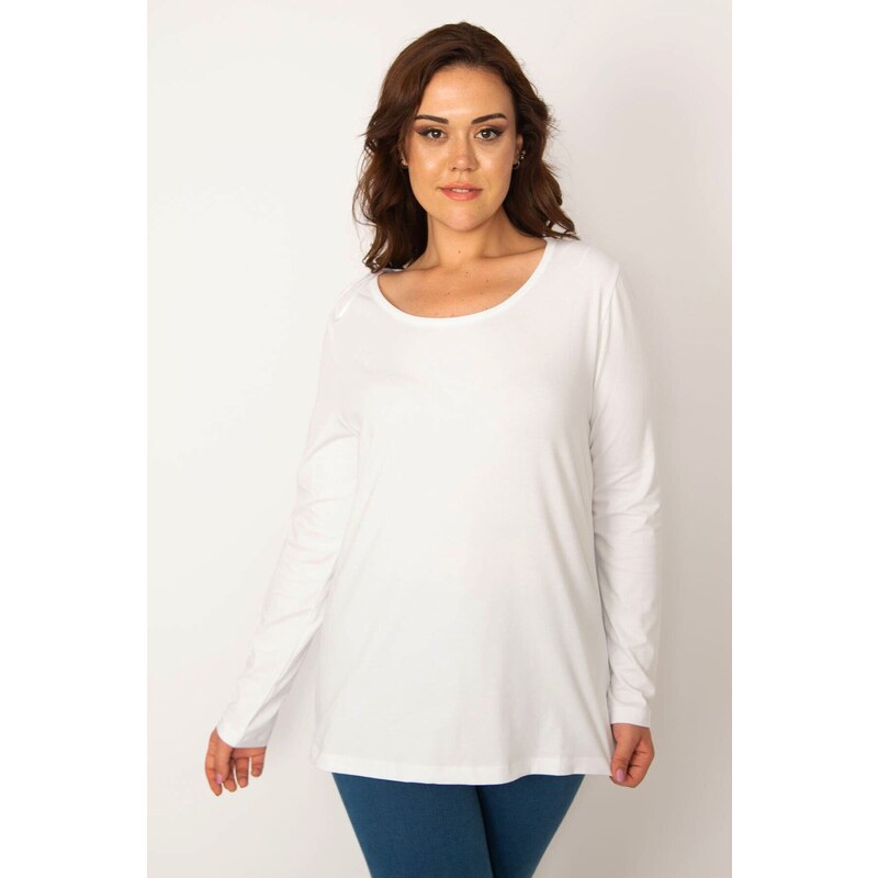 Şans Women's Plus Size White Cotton Fabric Crewneck Blouse