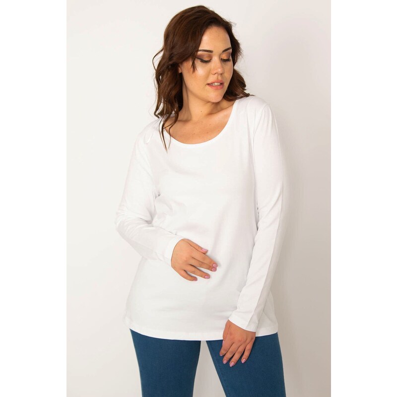 Şans Women's Plus Size White Cotton Fabric Crewneck Blouse