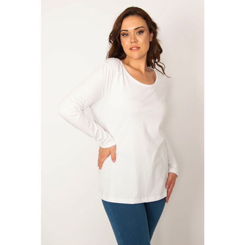 Şans Women's Plus Size White Cotton Fabric Crewneck Blouse