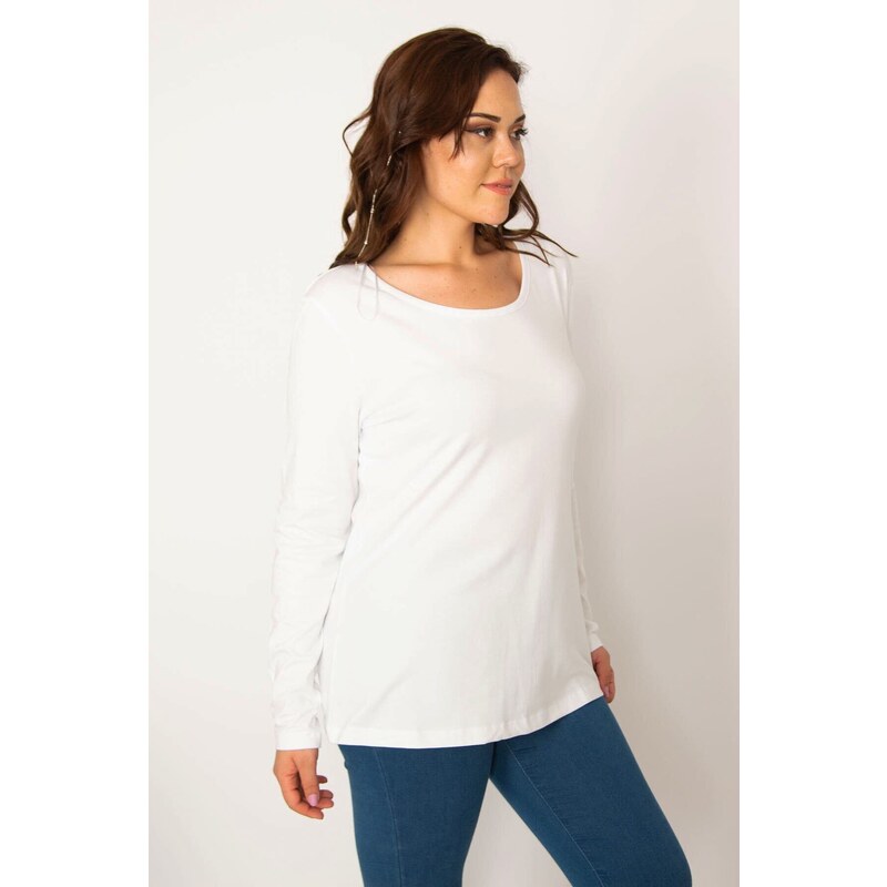 Şans Women's Plus Size White Cotton Fabric Crewneck Blouse