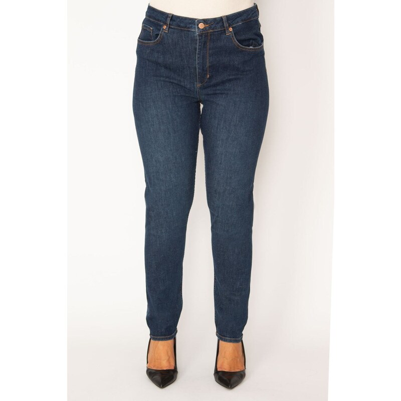 Şans Women's Large Size Navy Blue Lycra 5 Pocket Jeans Trousers