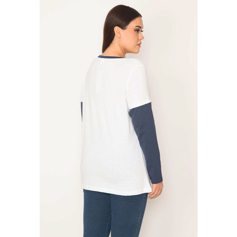 Şans Women's White Cotton Fabric Long Sleeve Color Combination Blouse