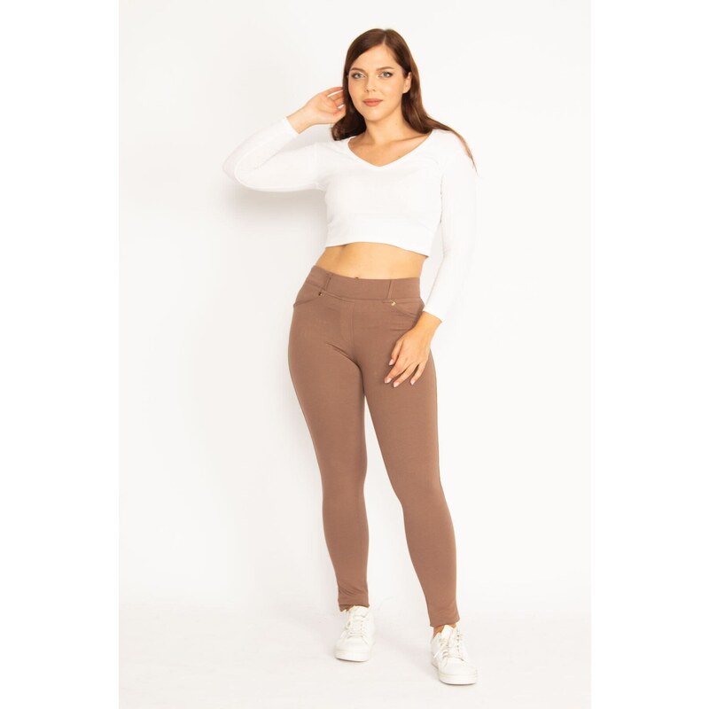 Şans Women's Plus Size Mink Leggings With Front Trim And Back Pockets