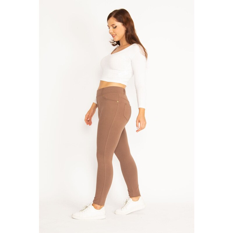 Şans Women's Plus Size Mink Leggings With Front Trim And Back Pockets