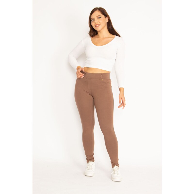 Şans Women's Plus Size Mink Leggings With Front Trim And Back Pockets