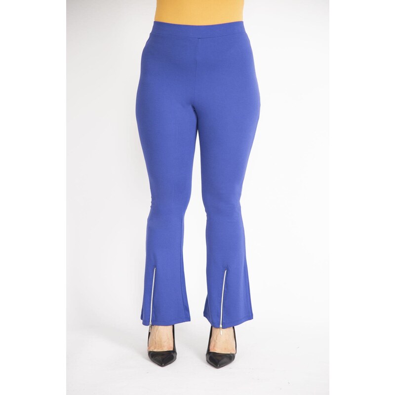 Şans Women's Saxe Blue Plus Size Ankle Zipper Detail Gathering Leggings