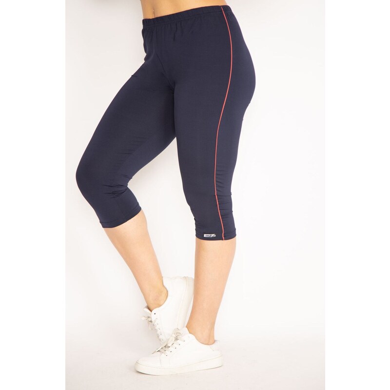 Şans Women's Plus Size Navy Blue Lycra Jersey Leggings With Side Stripes Trousers