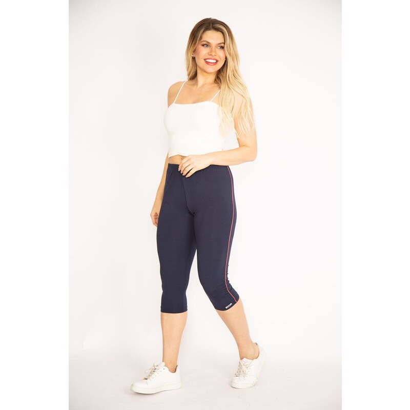 Şans Women's Plus Size Navy Blue Lycra Jersey Leggings With Side Stripes Trousers