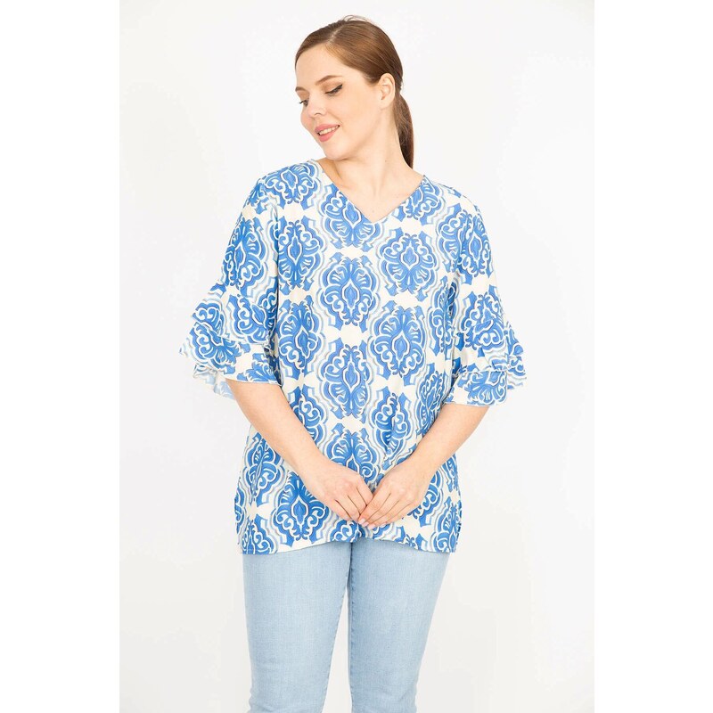 Şans Women's Blue Plus Size Flounce Sleeve V-Neck Blouse