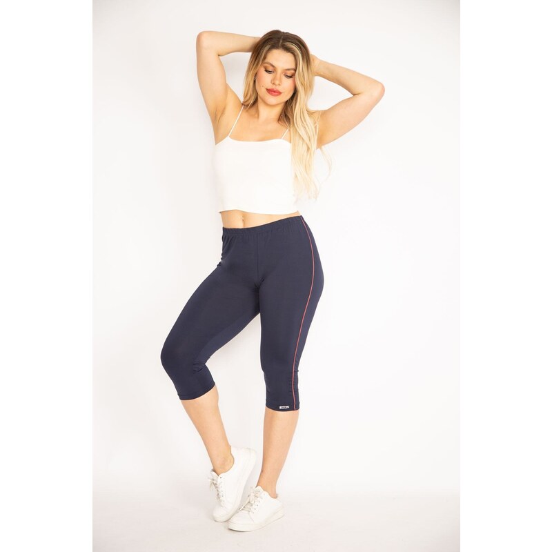 Şans Women's Plus Size Navy Blue Lycra Jersey Leggings With Side Stripes Trousers