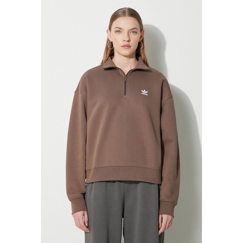 Mikina adidas Originals Essentials Halfzip Sweatshirt dámská, hnědá barva, s aplikací, IR5938