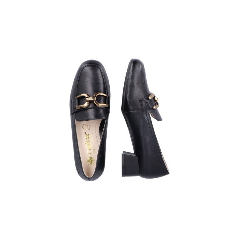 Elegantní mokasíny na podpatku se zlatou sponou Rieker 45052-00 černá