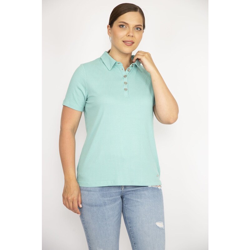 Şans Women's Green Plus Size Polo Collar Front Pat Buttoned Camisole Fabric Short Sleeve Blouse