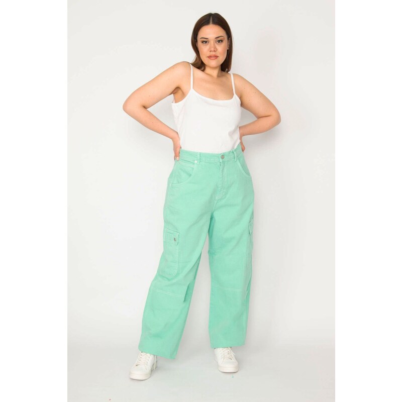 Şans Women's Plus Size Green Cargo Pocket Jean Trousers