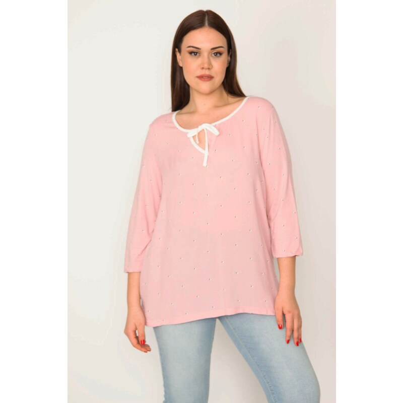 Şans Women's Plus Size Pink Kiss Collar Tapered Capri Sleeve Blouse