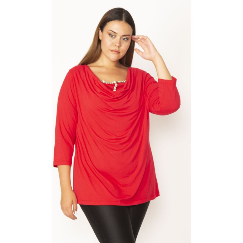 Şans Women's Plus Size Red Low Collar Stone Detailed Capri Sleeves Blouse