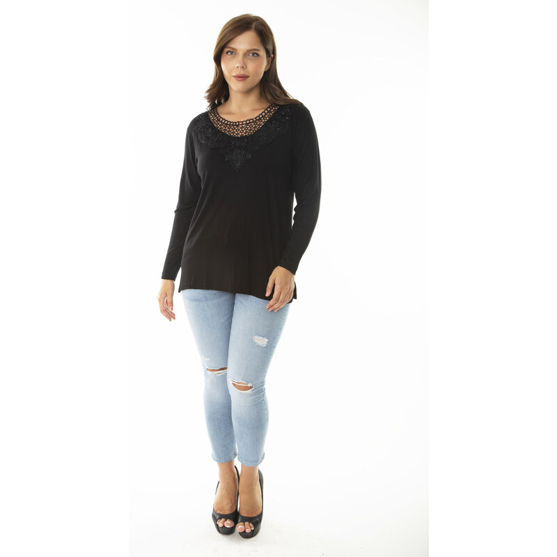 Şans Women's Plus Size Black Blouse with Lace Detail and Long Sleeves