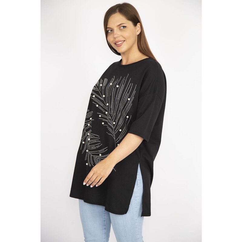 Şans Women's Plus Size Black Jewelled and Pearl Embroidered Bicycle Collar Side Slit Blouse