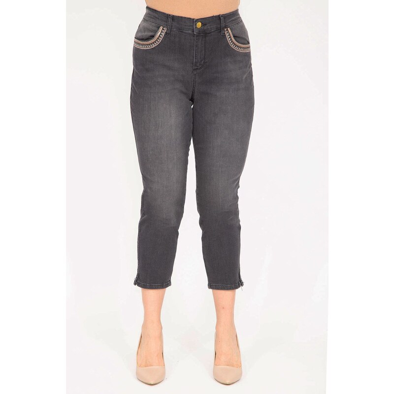 Şans Women's Plus Size Anthracite Lycra 5 Pockets Jeans With Pocket Detail