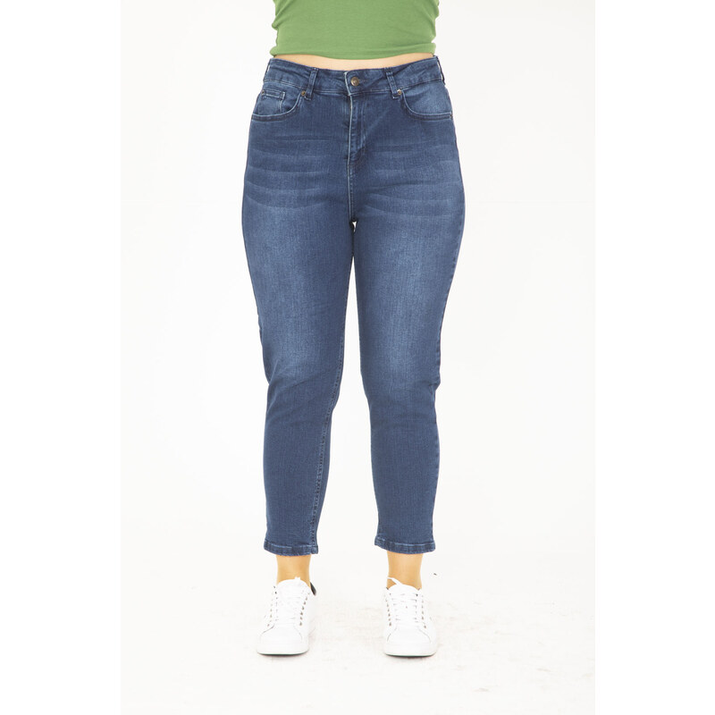 Şans Women's Plus Size Navy Blue High Waist 5 Pockets Lycra Jeans Pants