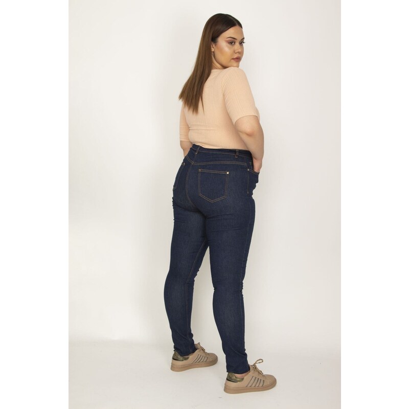 Şans Women's Plus Size Navy Blue 5-Pocket Skinny Jeans Pants