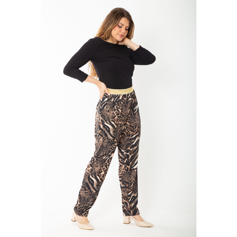 Şans Women's Plus Size Leo Waist Metallic Elastic Leopard Patterned Jersey Trousers