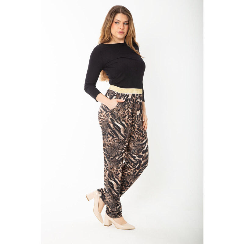 Şans Women's Plus Size Leo Waist Metallic Elastic Leopard Patterned Jersey Trousers