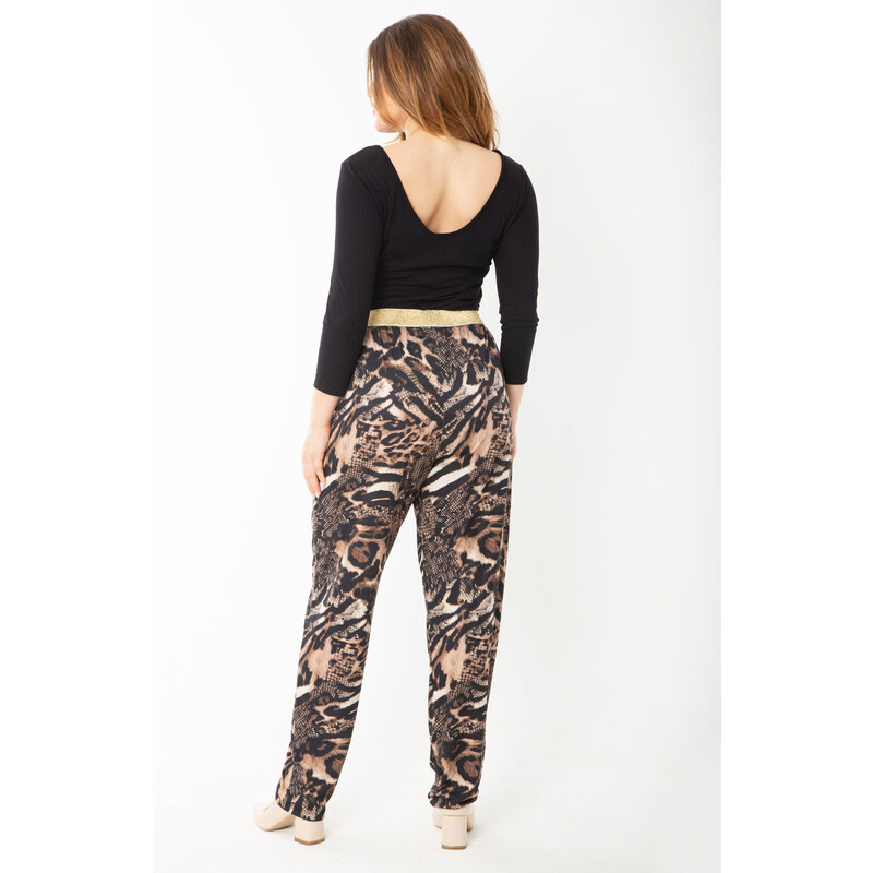 Şans Women's Plus Size Leo Waist Metallic Elastic Leopard Patterned Jersey Trousers