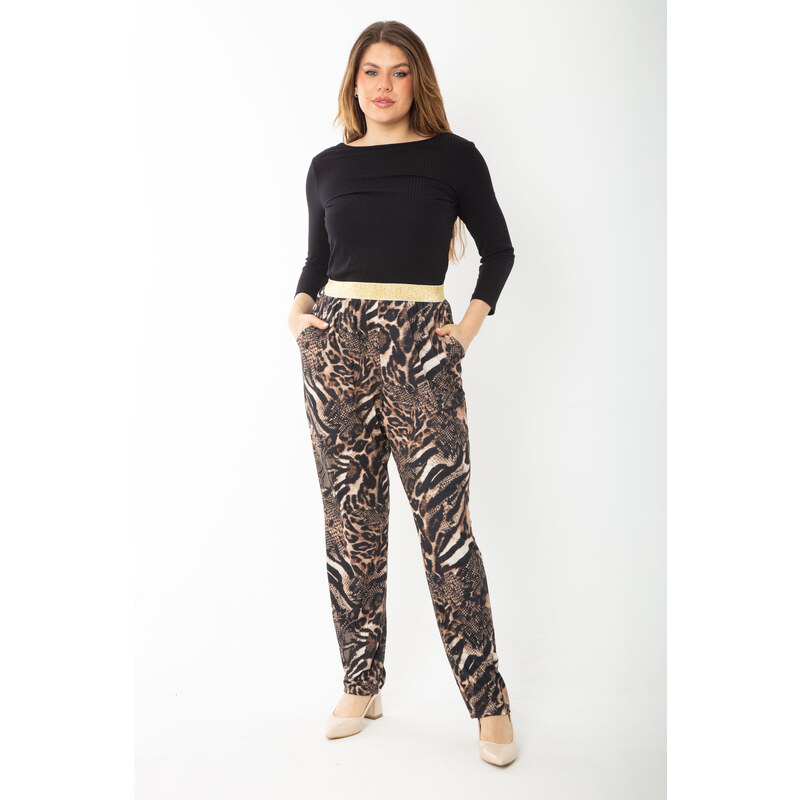 Şans Women's Plus Size Leo Waist Metallic Elastic Leopard Patterned Jersey Trousers