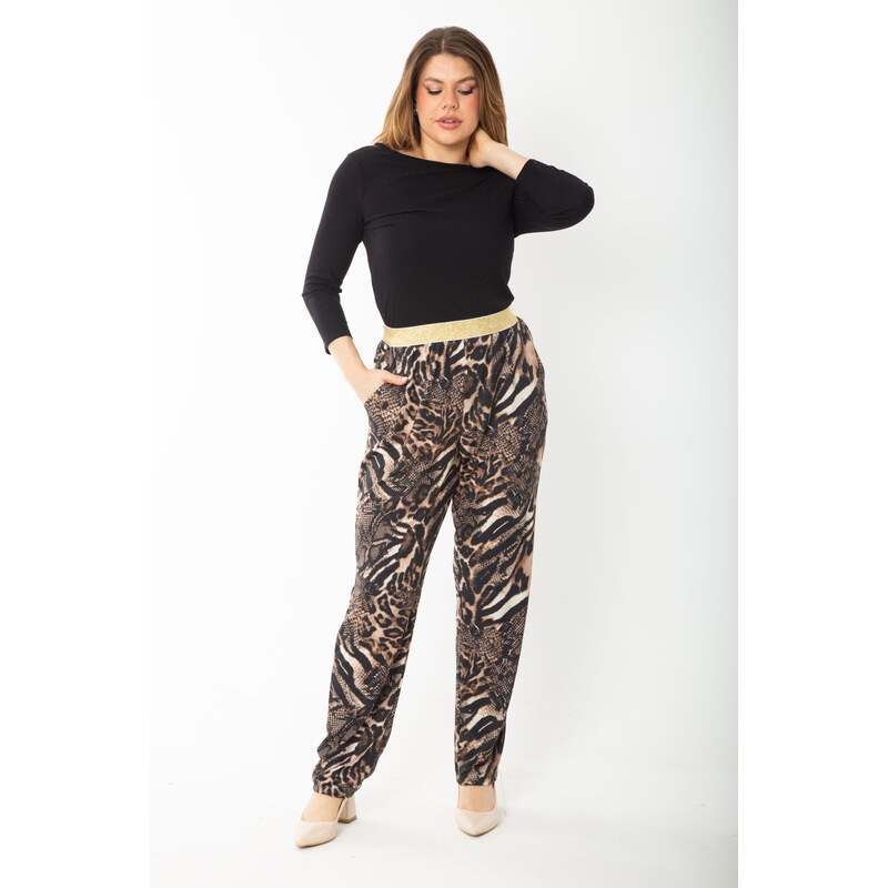 Şans Women's Plus Size Leo Waist Metallic Elastic Leopard Patterned Jersey Trousers