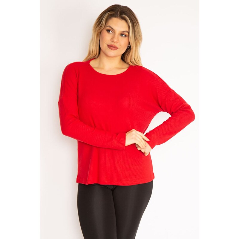 Şans Women's Plus Size Red Crewneck Striped Blouse