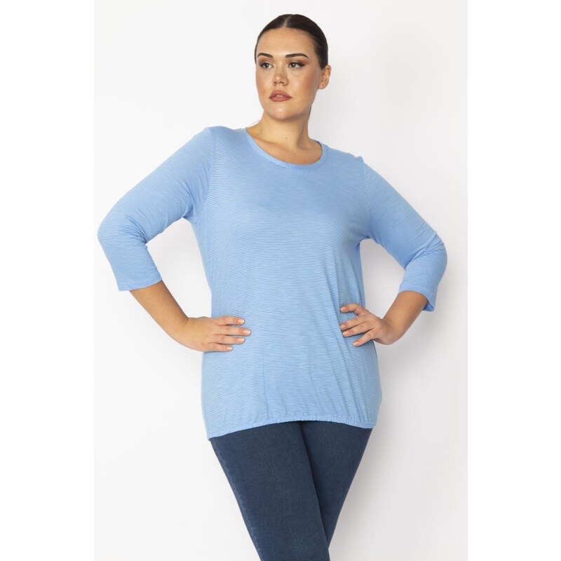 Şans Women's Plus Size Blue Slim Striped Blouse with Elastic Detail Capri Sleeves at the Hem