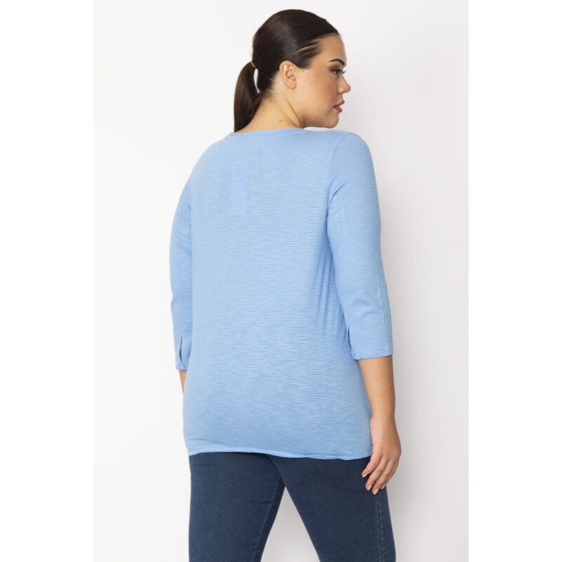 Şans Women's Plus Size Blue Slim Striped Blouse with Elastic Detail Capri Sleeves at the Hem