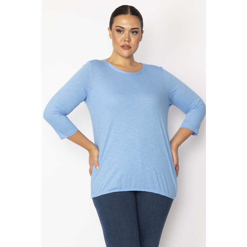 Şans Women's Plus Size Blue Slim Striped Blouse with Elastic Detail Capri Sleeves at the Hem