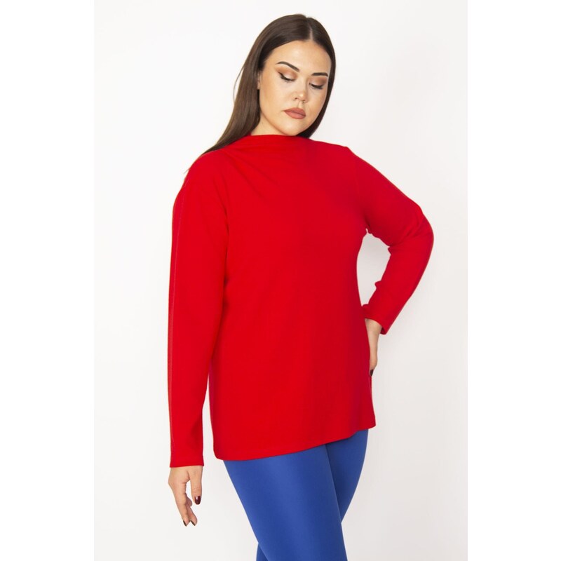 Şans Women's Plus Size Red Standing Collar Blouse