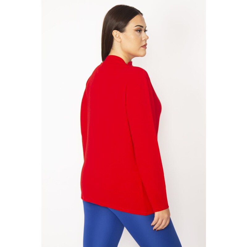 Şans Women's Plus Size Red Standing Collar Blouse