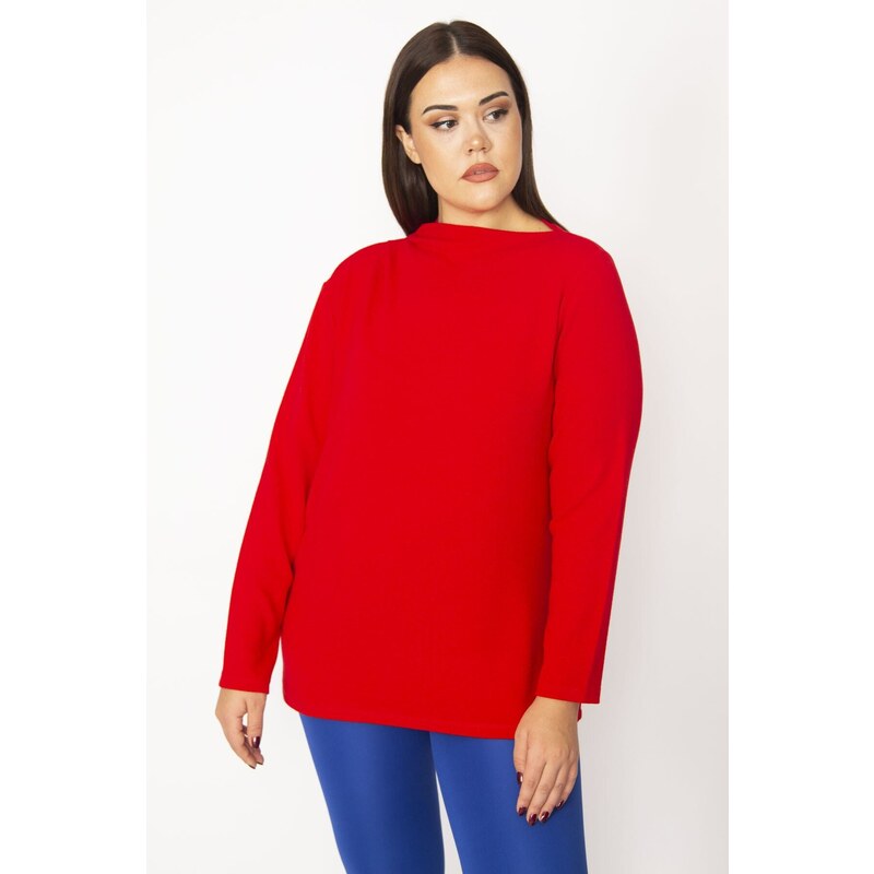 Şans Women's Plus Size Red Standing Collar Blouse