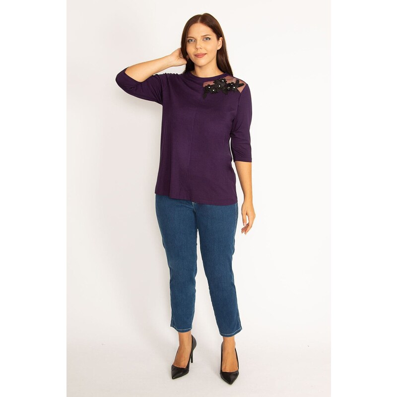 Şans Women's Plus Size Purple Appliqued And Tulle Detailed Blouse