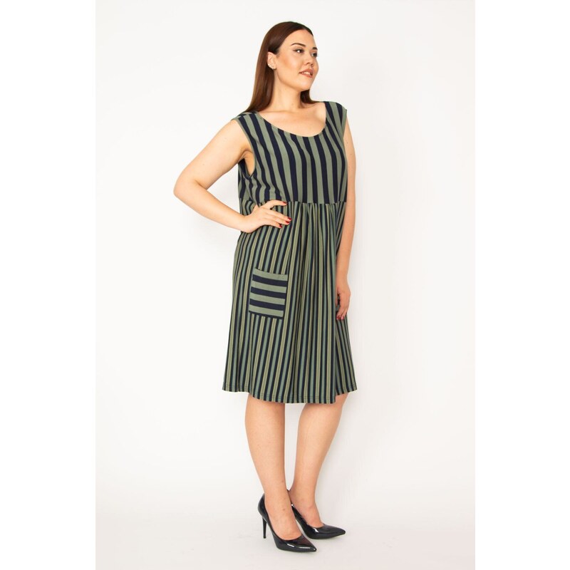 Şans Women's Khaki Plus Size Stripe Combined Pocket Dress