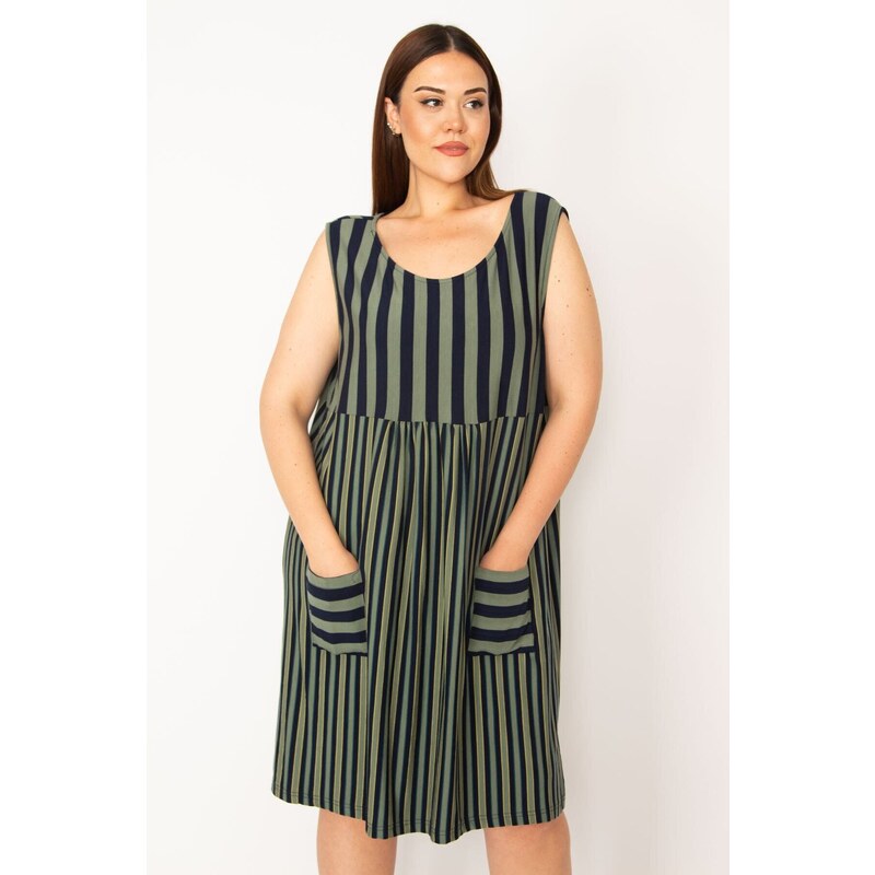 Şans Women's Khaki Plus Size Stripe Combined Pocket Dress