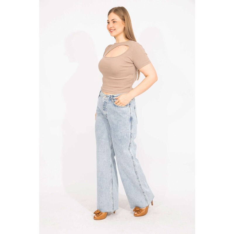 Şans Women's Plus Size Blue Washed Effect 5-Pocket Jeans Trousers