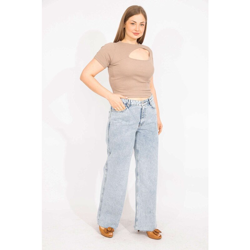 Şans Women's Plus Size Blue Washed Effect 5-Pocket Jeans Trousers