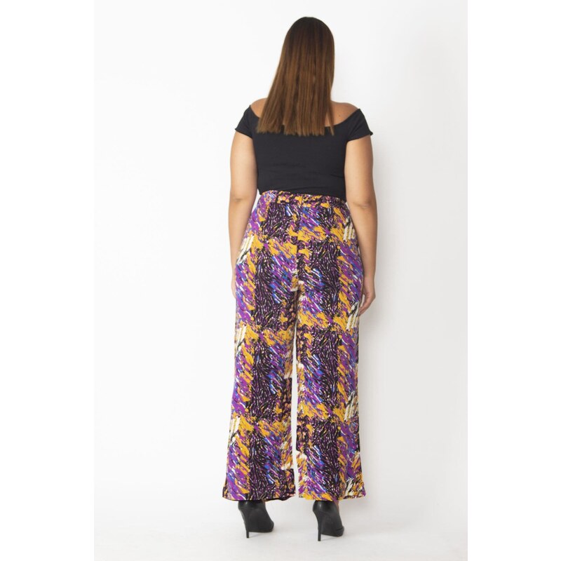 Şans Women's Plus Size Colorful Viscose Trousers with a slit and an elasticated waist.