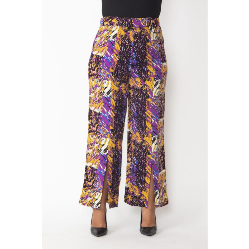 Şans Women's Plus Size Colorful Viscose Trousers with a slit and an elasticated waist.